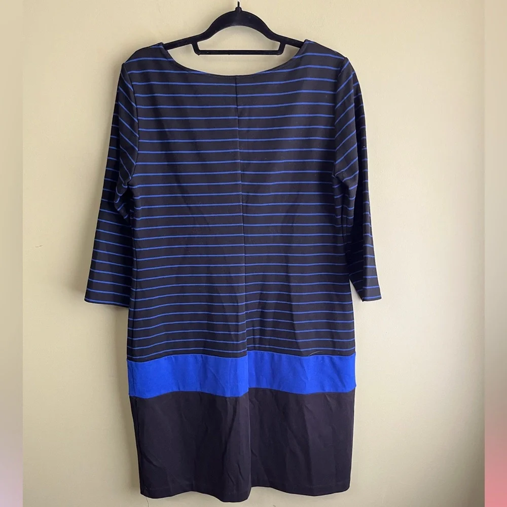 Ronnie Nicole Striped Blue and Black Dress Sz 16 Midi Comfort Stretch 3/4 Sleeve - Picture 2 of 7